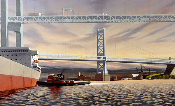 David Ahlsted - "Delaware River at Camden, N.J." Oil on Canvas, 4 x 7 feet 