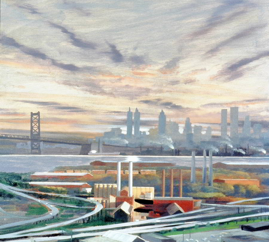 David Ahlsted - "Towards Manhattan, Sunset", Oil on Gessoed Paper, 23 x 23"