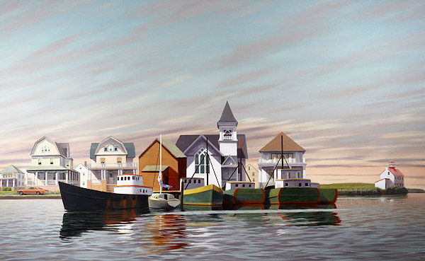 David Ahlsted - "Fishing Boats, East Point Light House, N.J." Oil on Canvas, 4 x 7 feet