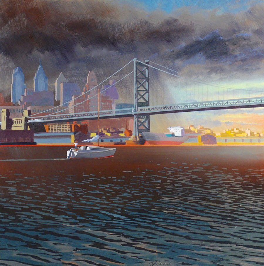 David Ahlsted - "Approaching Storm, Philadelphia", Oil on Gessoed paper, 23 x 23"