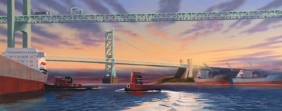 David Ahlsted - "Daybreak on the Delaware", Oil on Canvas, 20 x 50" - Collection: Art Specialists L.C., Cabin John, Maryland.