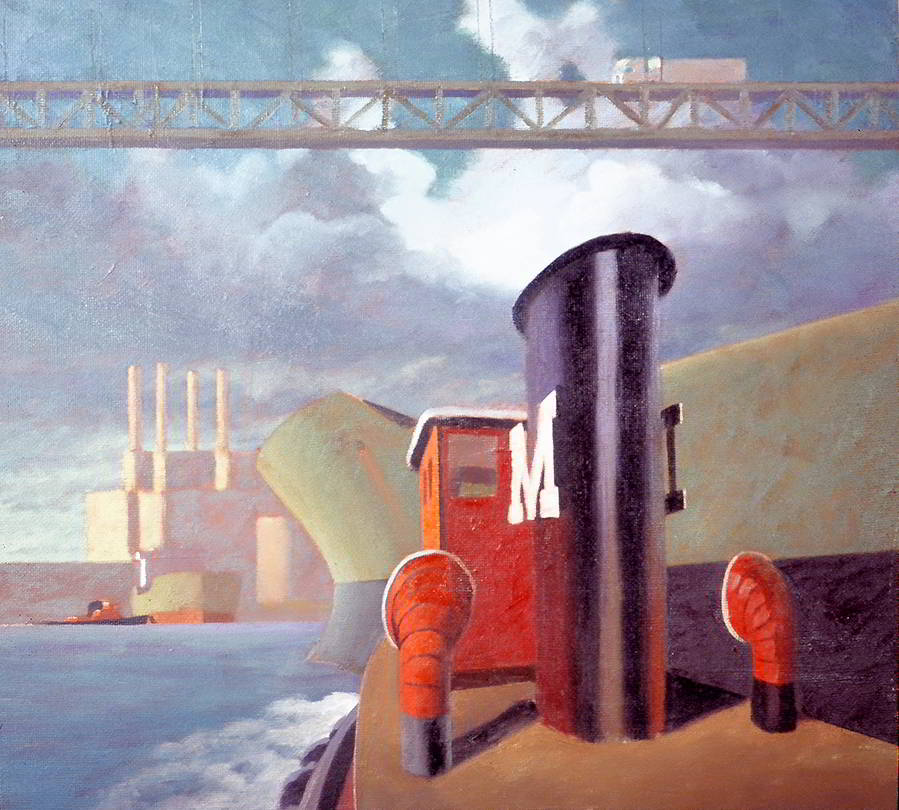 David Ahlsted - "Docking The Freighter", Oil on Gessoed Paper, 23 x 23" - Collection: Vick Corporate Art Advisors, NY, NY.