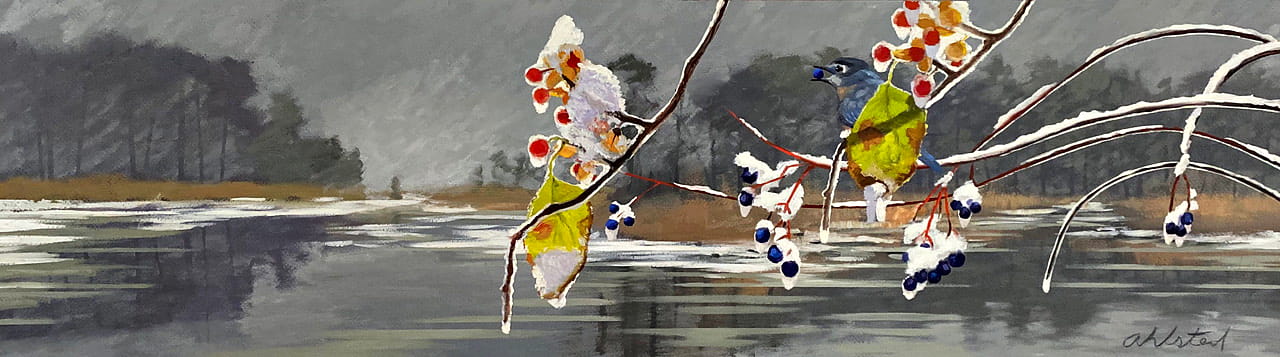 David Ahlsted - "Elderberries in Snow", Oil on Board, 10 x 36"