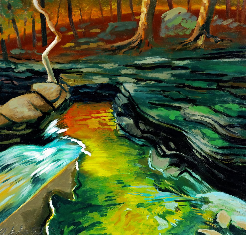 David Ahlsted - "Kitchen Creek II", Ricketts Glen State Park, Pa., Oil on Panel, 10 x 10", 1990.