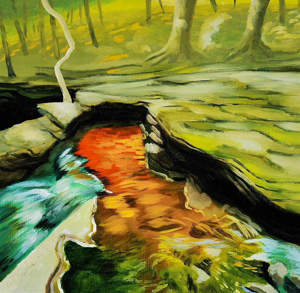 David Ahlsted - "Kitchen Creek", Ricketts Glen State Park, Pa., Oil on Panel, 10 x 10", 1991