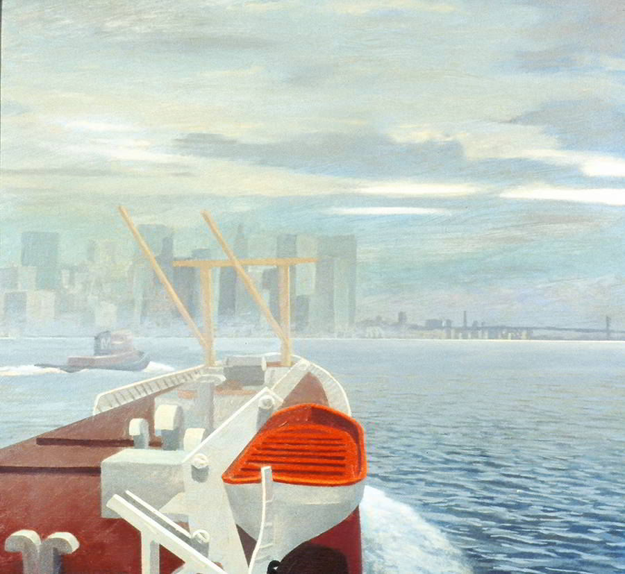 David Ahlsted - "Morning Arrival, East River", Oil on Gessoed Paper, 23 X 23" - Private Collection: Menlo Park Veterans Hospital, Edison, NJ.