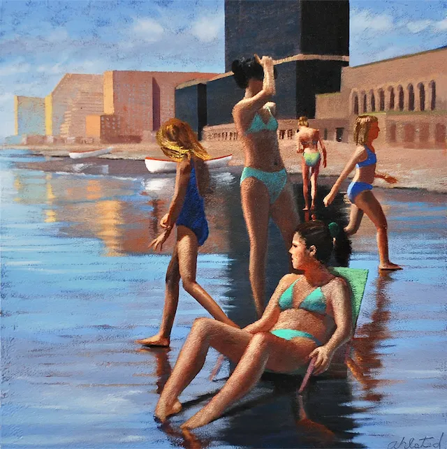David Ahlsted - "On the Beach, Atlantic City", Oil on gessoed paper, 23 x 23".