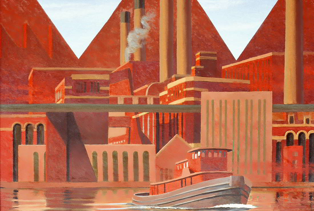 David Ahlsted - "Red Mills And Tug", Oil on Gessoed Paper, 23 x 32" - Collection: Mastercard Global Headquarters, Harrison, NY.