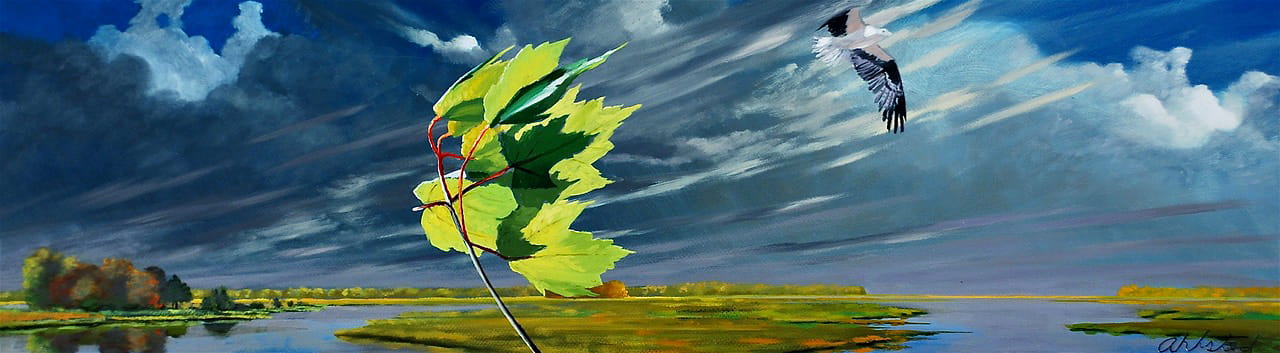 David Ahlsted - "Spring Storm, Osprey & Maple", Oil on Board, 10 x 36"