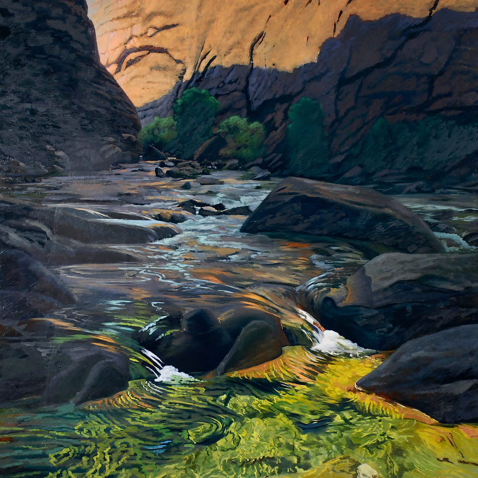 David Ahlsted - "Sunrise, Virgin River", Zion National Park, Oil on Canvas, 60 x 60".