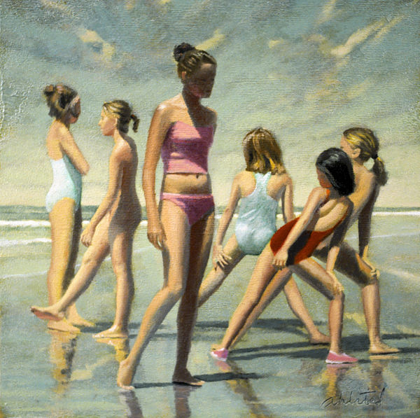 David Ahlsted - "Gymnasts" Oil on paper, 23 x 23" - Private Collection: New York, NY.