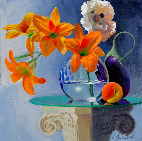 David Ahlsted - "Orange Daylilies", Oil on gessoed paper, 23 x 23".