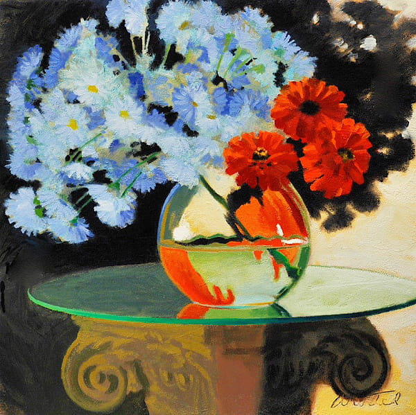 David Ahlsted - "Orange Zinnias", Oil on gessoed paper, 23 x 23”.