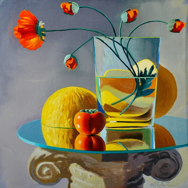 David Ahlsted - "Persimmon & Poppies", Oil on Canvas, 28 x 28" - Private Collection: California.