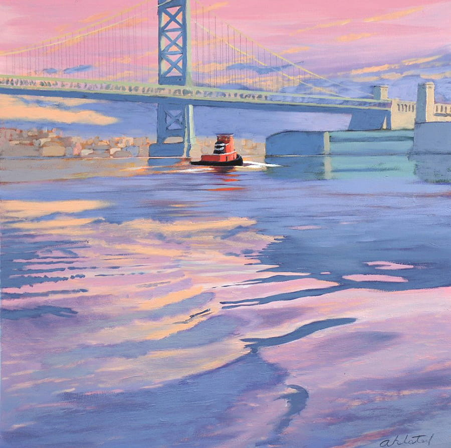 David Ahlsted - "The Delaware, Sunrise", Oil on Gessoed paper, 23 x 23" - Collection: Rowen-Rutgers Univ., Camden, New Jersey.