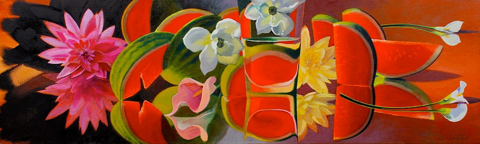 David Ahlsted - "White Lily & Melons", Oil on Canvas, 20 x 66"